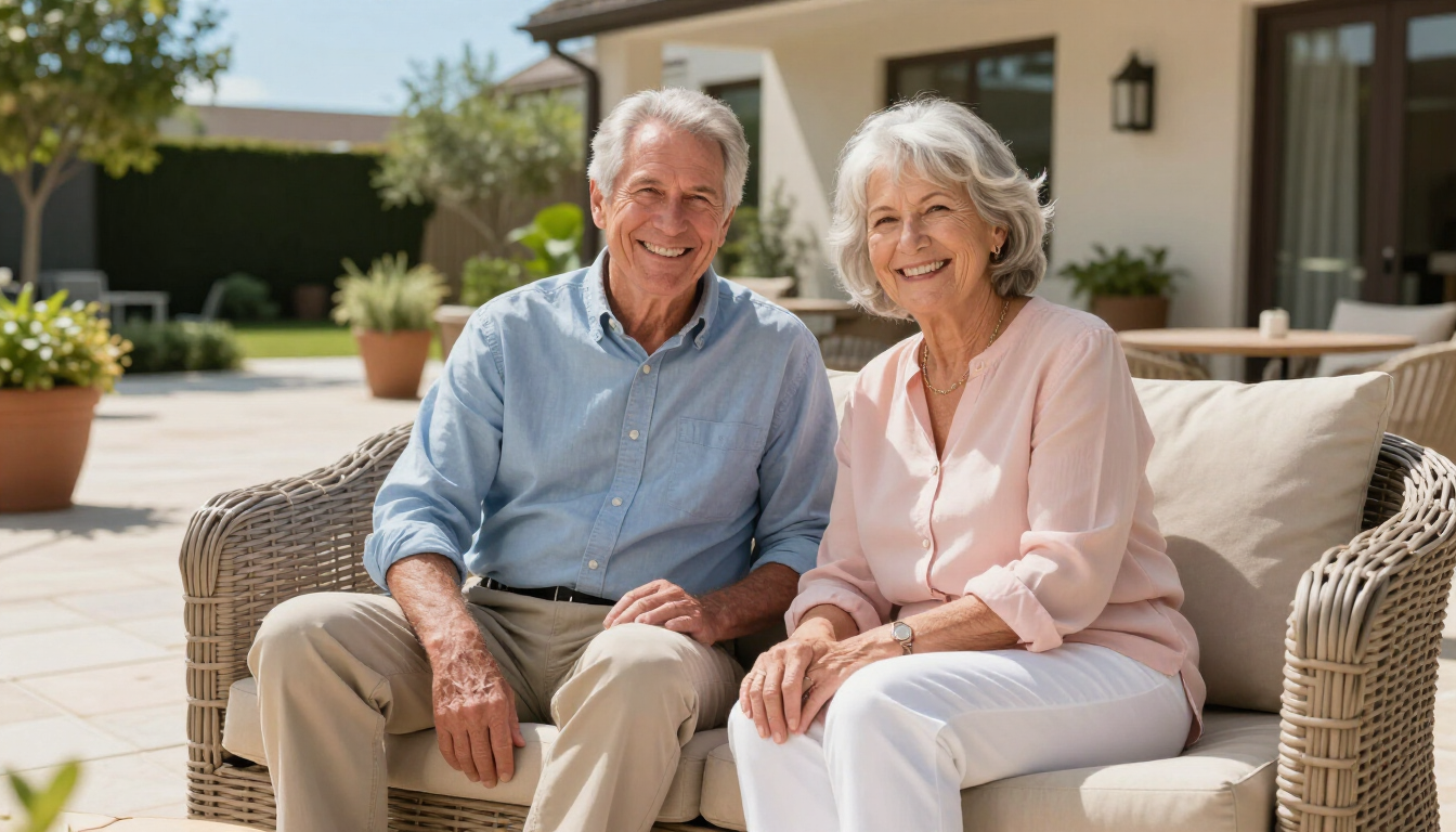 Senior couple on a patio at an assisted living community