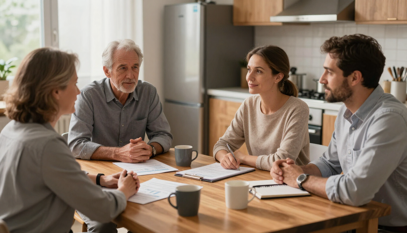 Family meeting with a senior care advisor at a kitchen table
