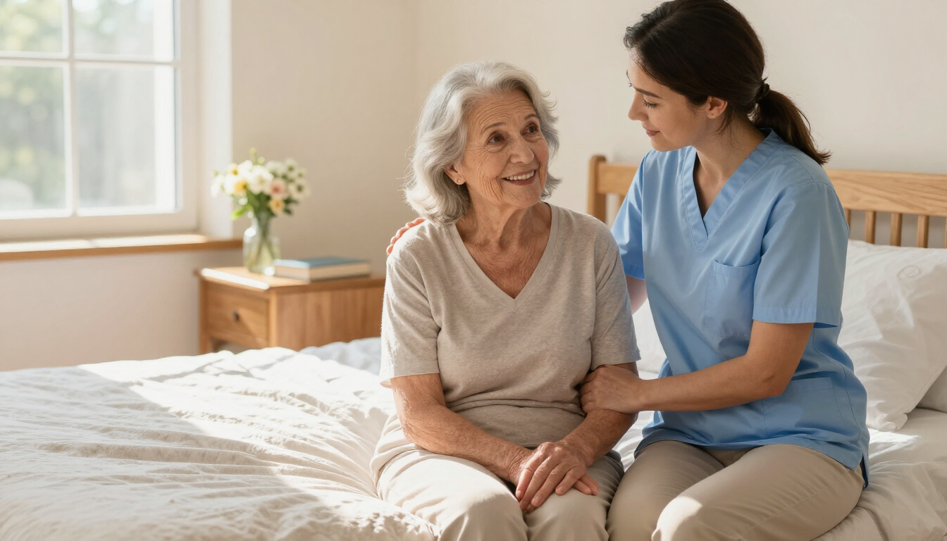 Elderly woman being assisted by a caregiver in a sunny bedroom