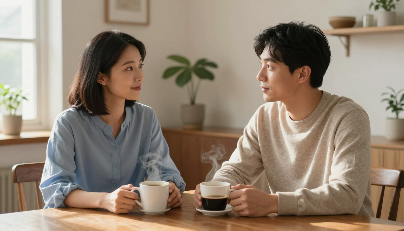 Two adult siblings talking calmly over coffee at a dining table