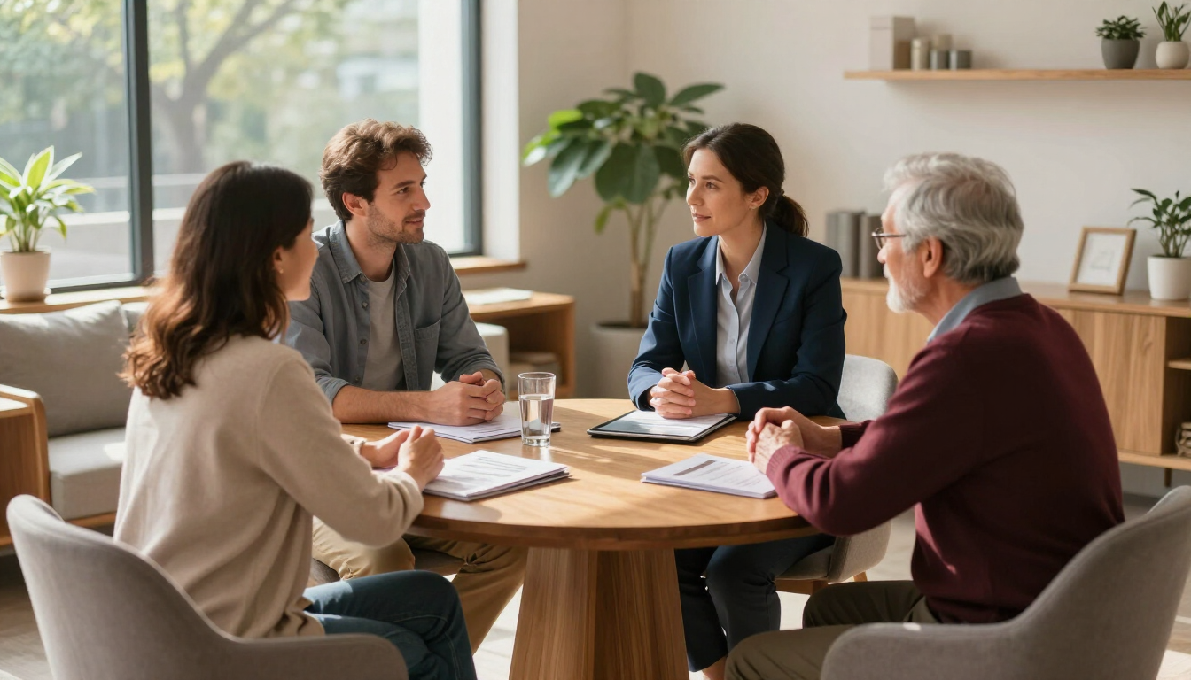 Family discussing senior living options with an advisor