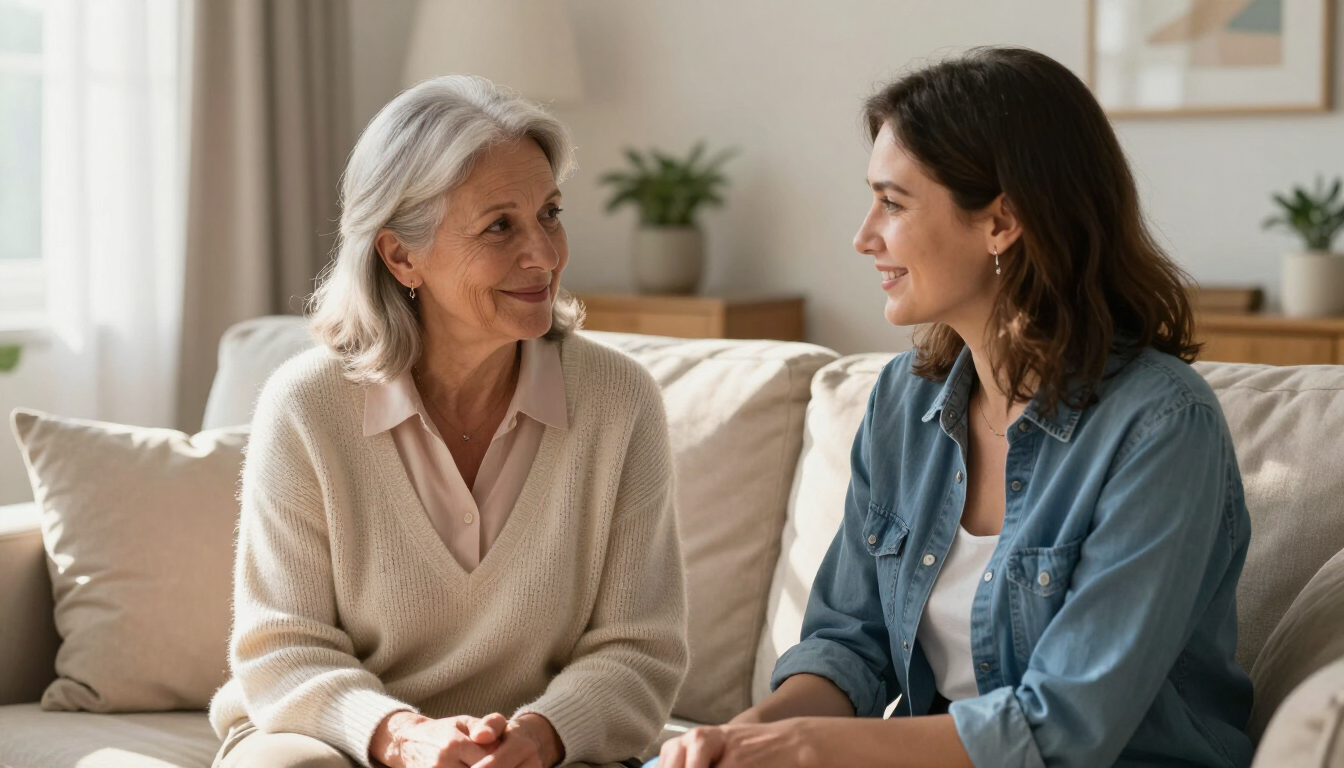 A senior woman and her daughter talking