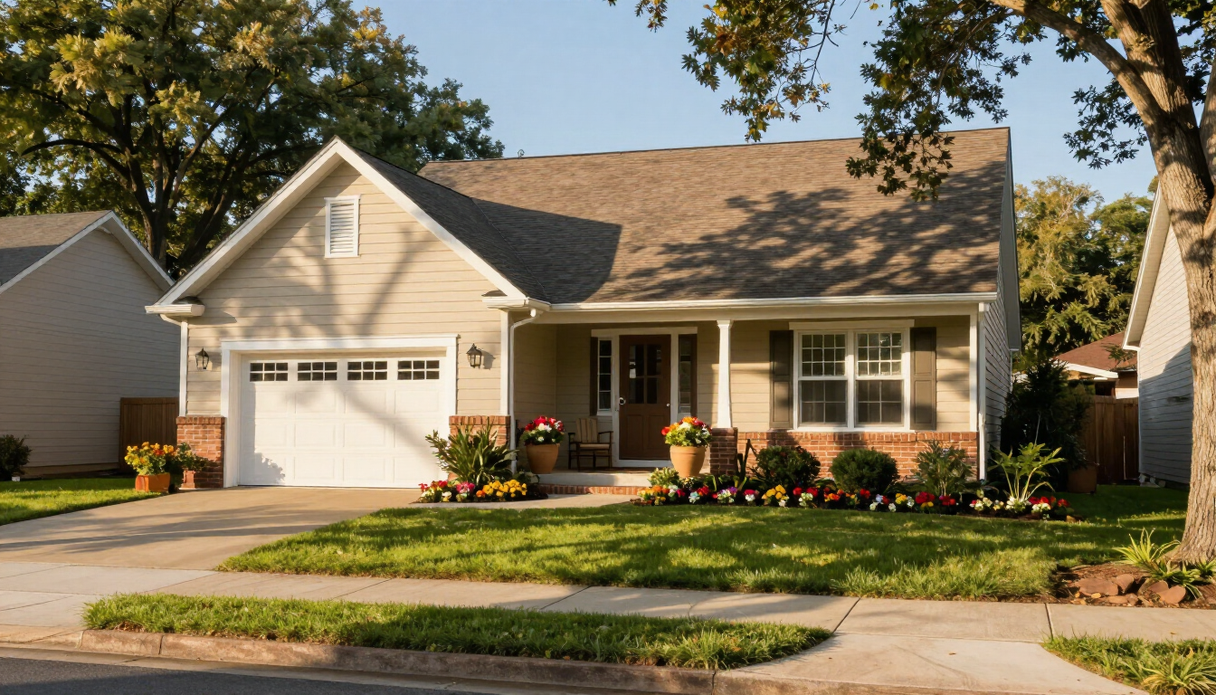 A cozy residential care home exterior with a green lawn and sunny sky.