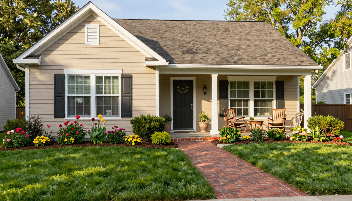 A cozy residential care home exterior with a green lawn and sunny sky