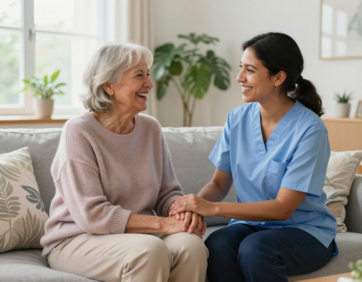 A caregiver smiling while helping a senior at home