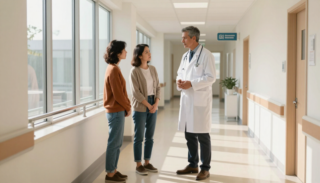 A comforting hospital hallway with warm lighting where a doctor talks to a family member.