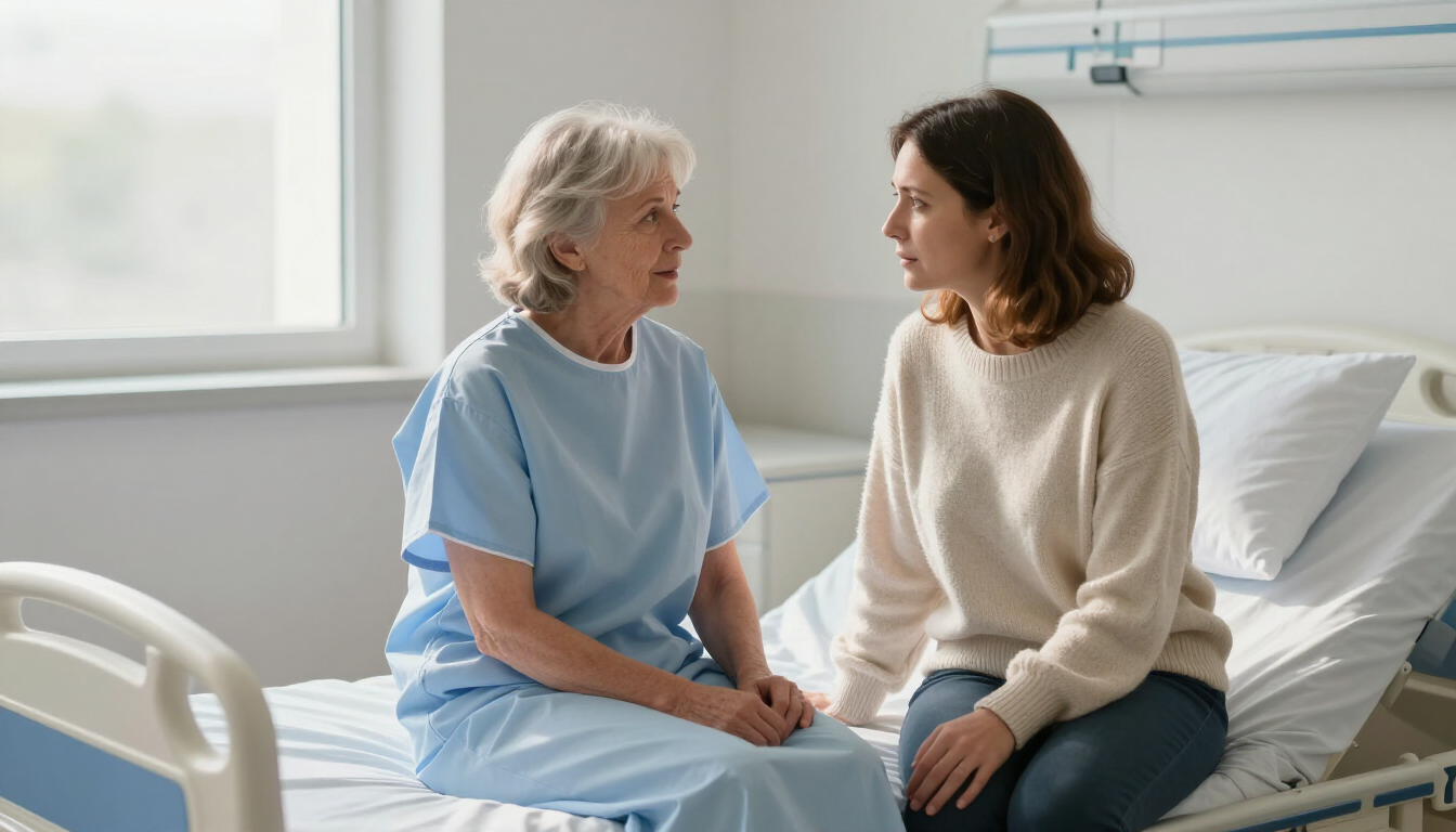 Senior woman in hospital bed talking to daughter