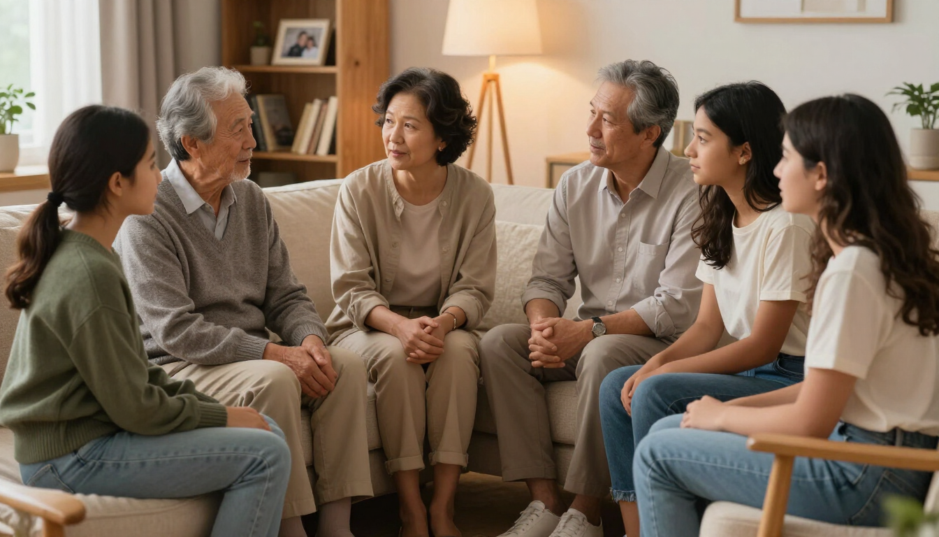 A multigenerational family discussing senior care options together in a warm living room.