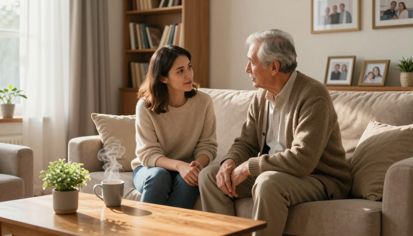 An adult daughter holding her elderly mother's hand during a supportive conversation about care.