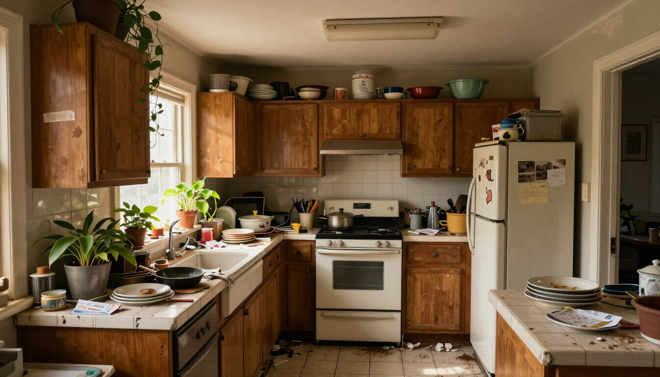 Elderly person looking at a cluttered kitchen