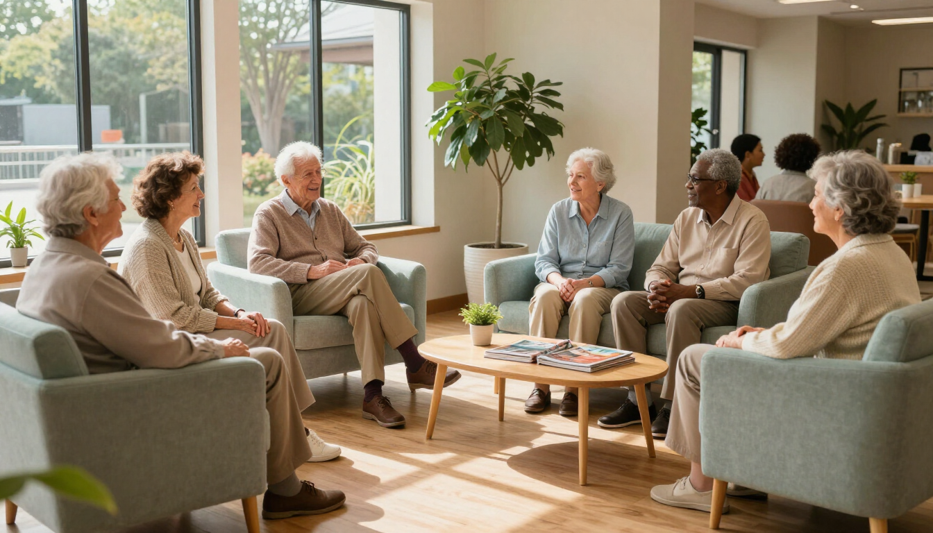 Seniors enjoying a social common area