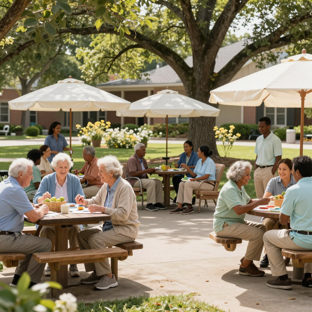 People seated at picnic tables under umbrellas in a sunny park, chatting and eating together.