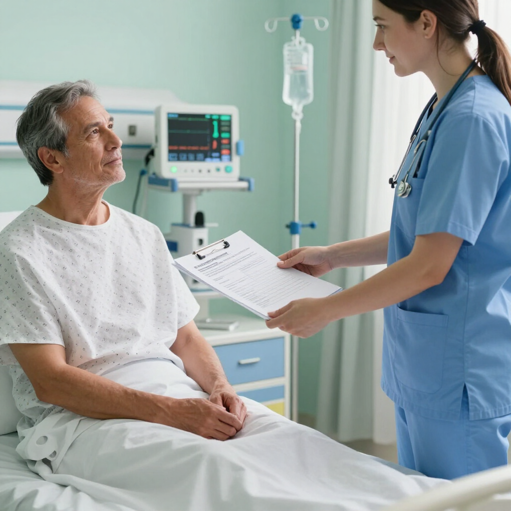 Doctor speaking with patient in hospital room, holding a clipboard beside an IV stand and monitor.