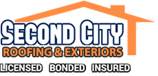 The logo for second city roofing and exteriors is licensed bonded and insured