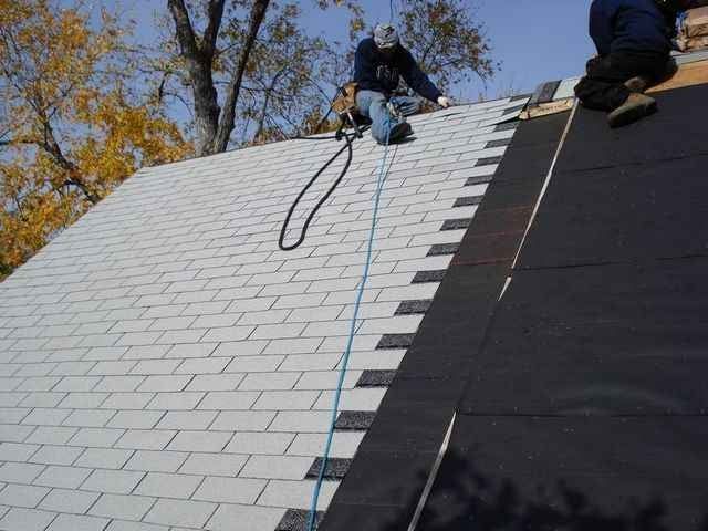 Roofers installing asphalt shingles on a roof. One is secured with a safety rope.