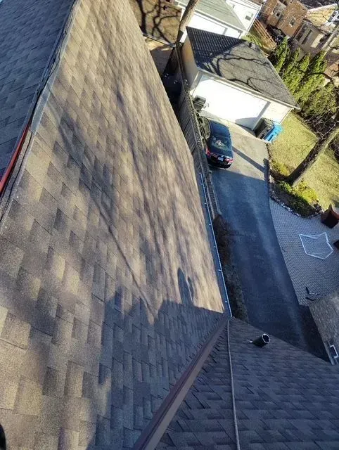 Gallery. View from above of shingled roofs, road, and other houses.