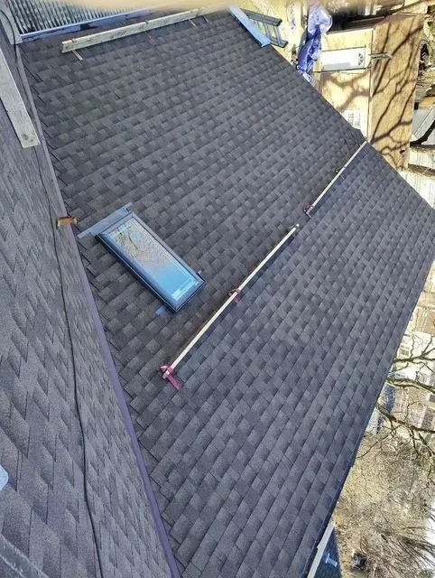 Gallery. Dark shingle roof with a skylight and a long pole on it.