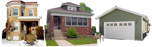 Roofing Contractor Chicago. Three buildings: a stone house with a porch, a brick house, and a green garage.