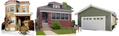 Roofing Contractor Chicago. Three buildings: a stone house with a porch, a brick house, and a green garage.