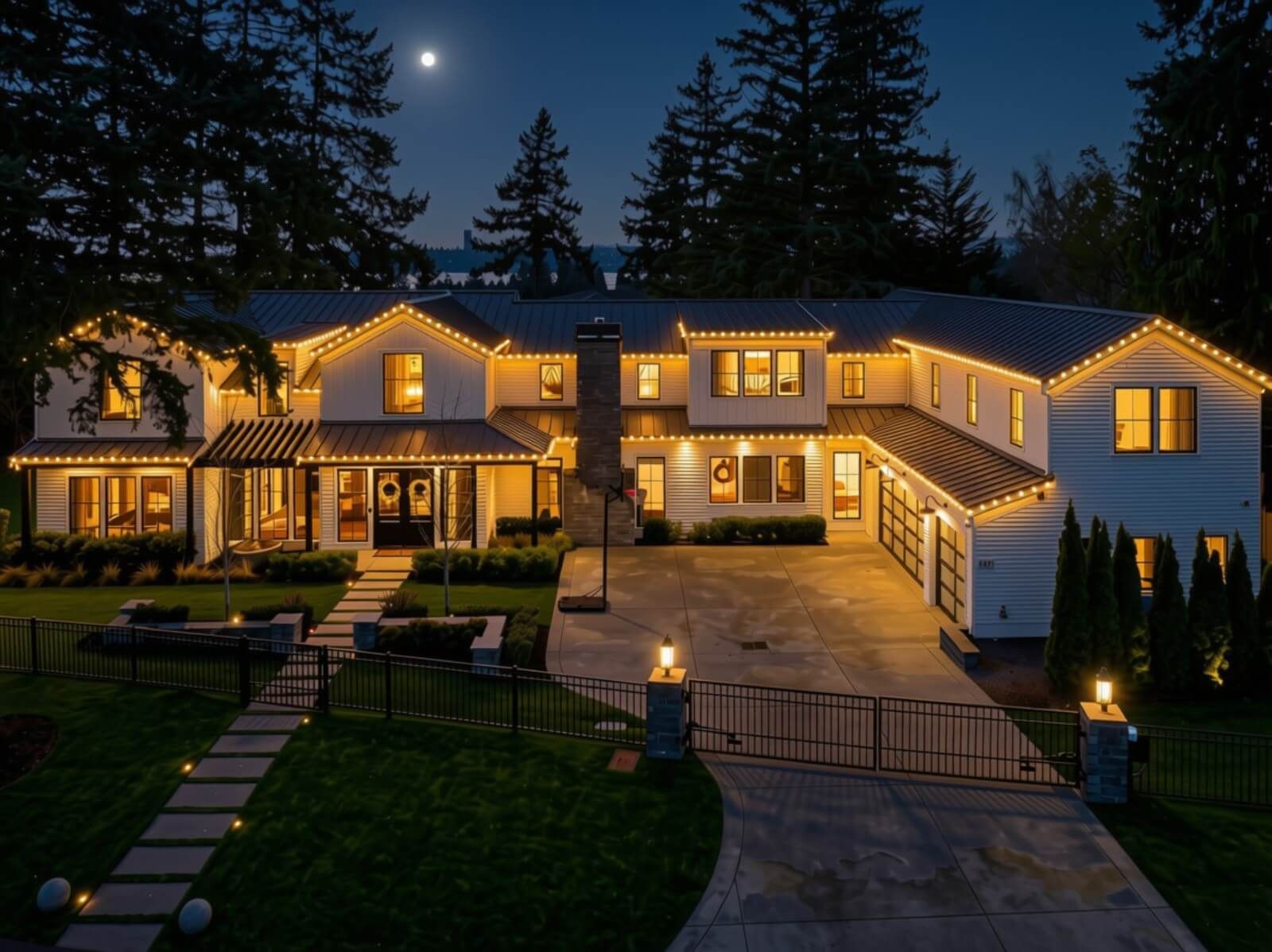 Home at dusk with warm white Christmas lights on the rooflines, installed by Seattle Holiday Lights