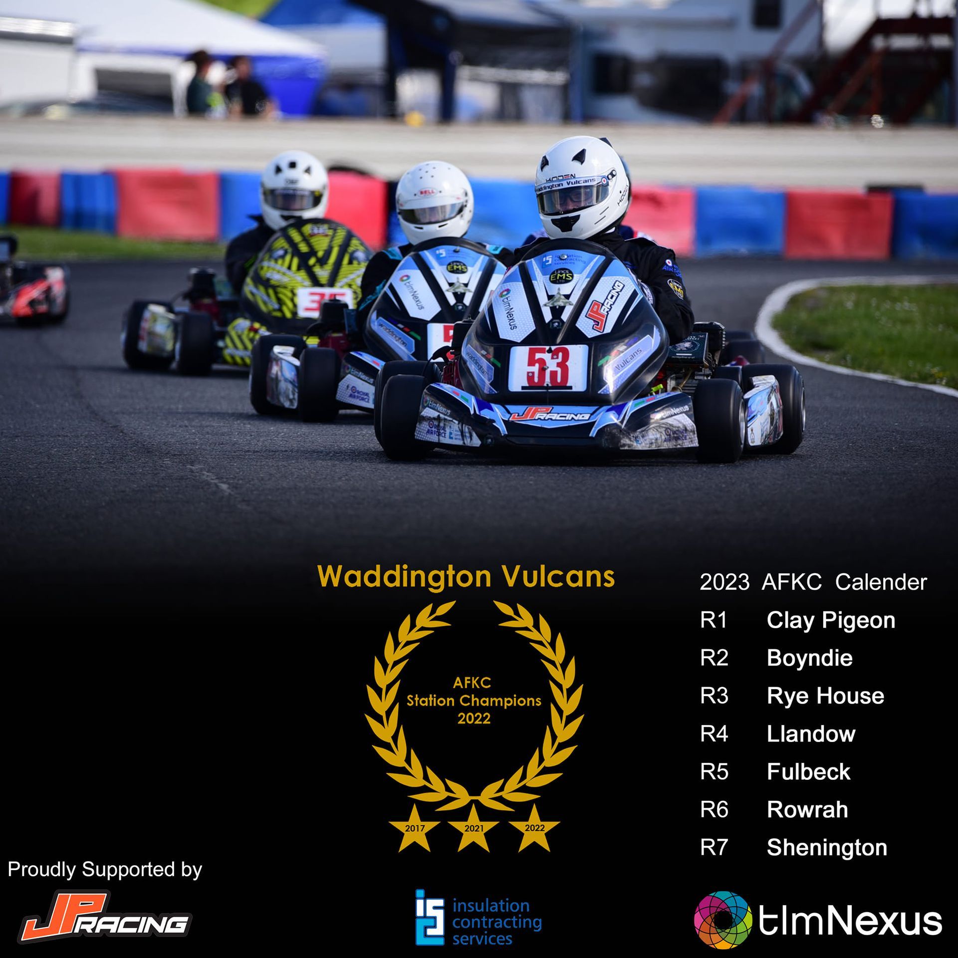 Three acing karts from R.A.F. Waddington on a race track. 2022 champions
