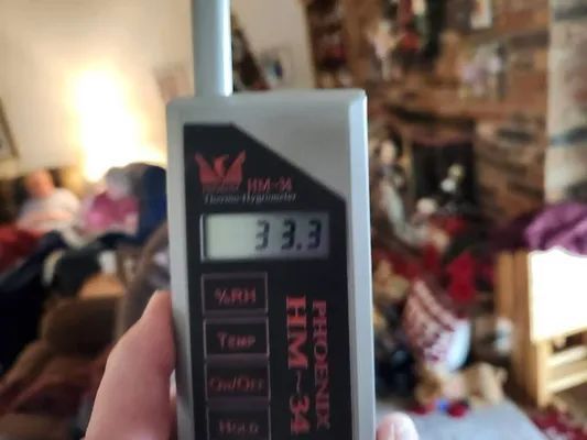 Handheld hygrometer with 33.3 reading in a blurred indoor room