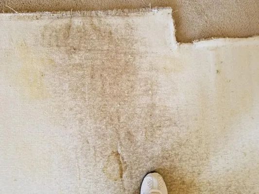 Close-up of a stained beige wall with a small white object near the bottom center
