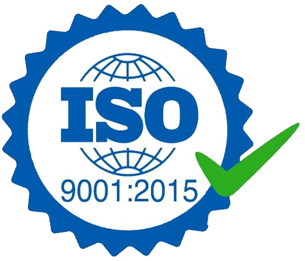 Un logo ISO bleu et blanc avec une coche verte