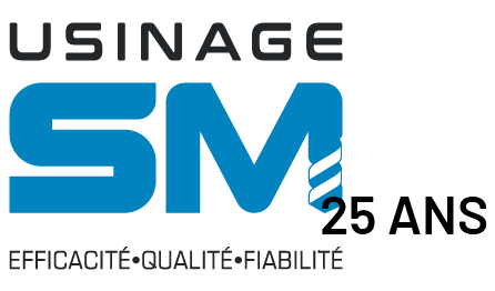 Logo pour Usinage SM, une entreprise d'usinage. Lettres SM bleues, avec un foret et «25 ANS».
