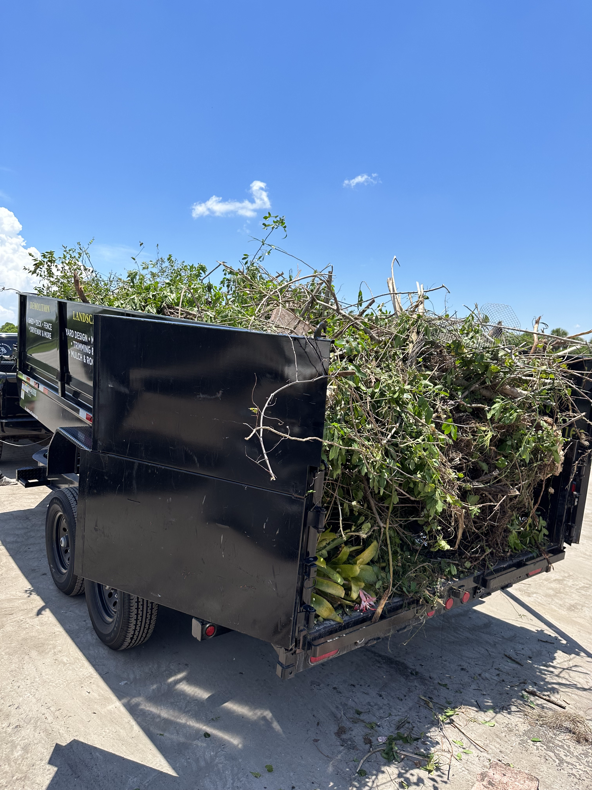 A dumpster filled with branches and leaves is parked on the side of the road.