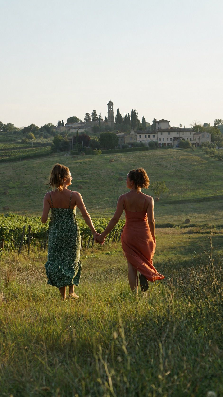 Twee mensen, hand in hand, lopen bij zonsondergang door een grasveld richting een dorpje op een heuvel.