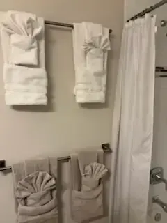Towels hanging on bathroom rack and folded towels on wall-mounted baskets beside a shower curtain.