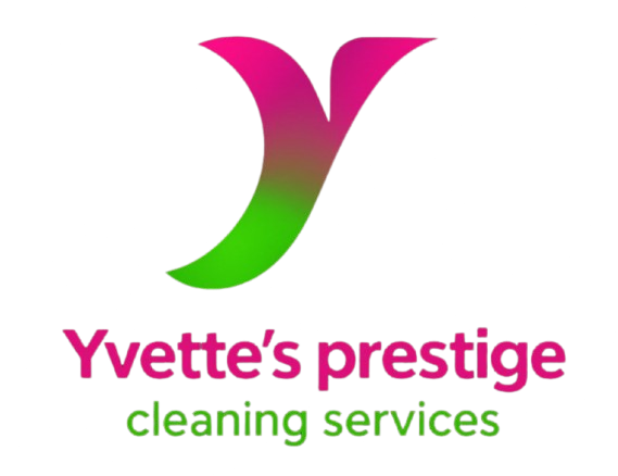 Yvette’s Prestige Cleaning Services logo in pink and green on a white background