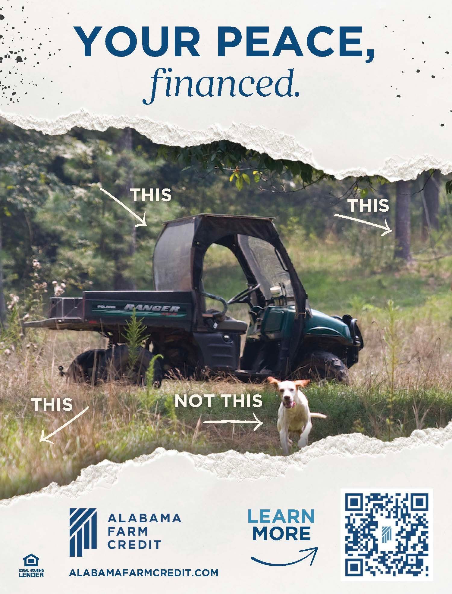 ATV on a grassy trail with dog; “YOUR PEACE, financed.” Alabama Farm Credit ad with QR code.