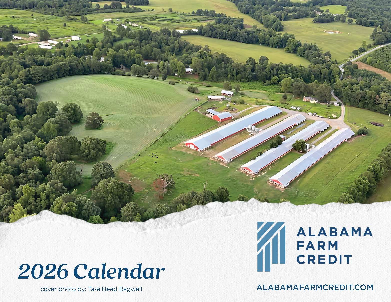 Alabama Farm Credit 2026 calendar cover with aerial view of a farm and barns in green fields