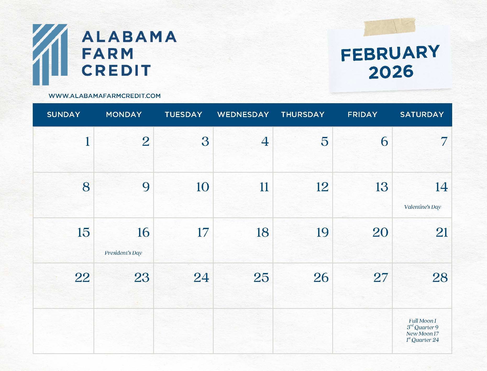 Alabama Farm Credit February 2026 calendar page with blue header and date grid