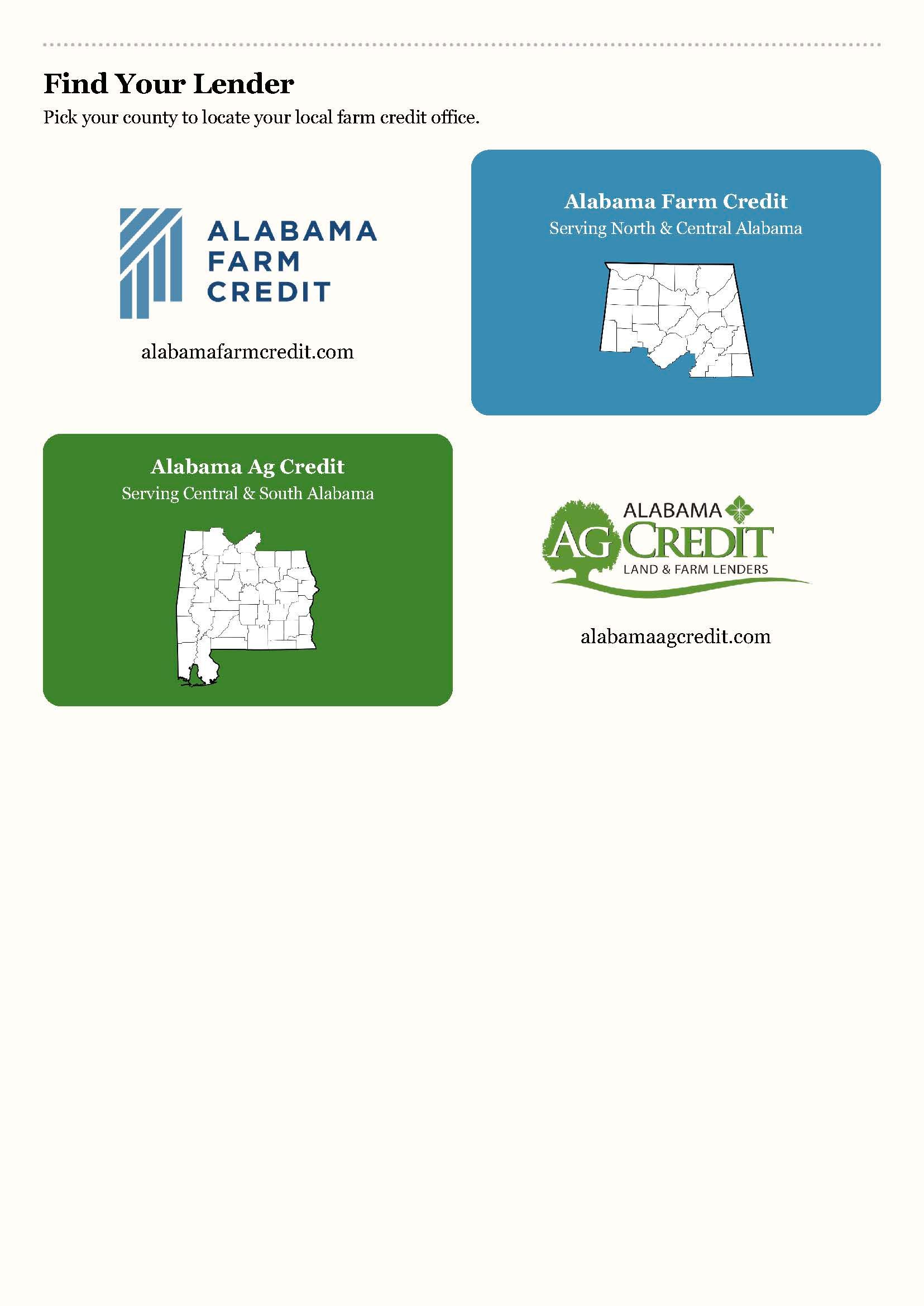 Screenshot of Alabama Farm Credit loan options in blue and green cards on a white webpage