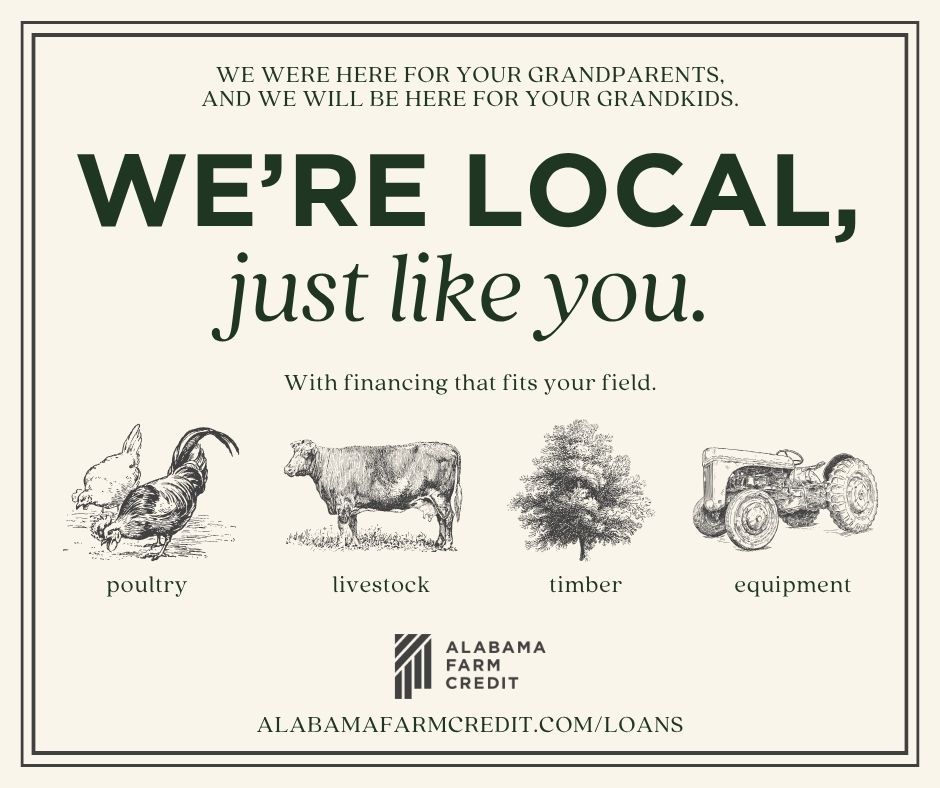 Alabama Farm Credit ad: “We’re local, just like you” with poultry, livestock, timber, and equipment icons.