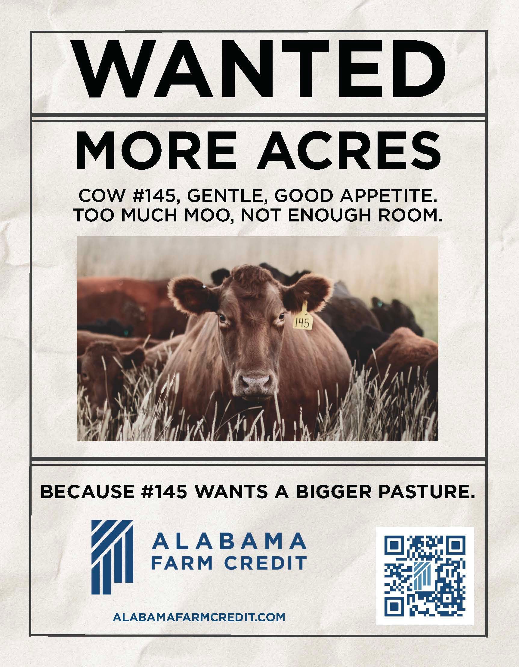 Wanted poster for more acres, showing a cow in a field, with Alabama Farm Credit logo and QR code.