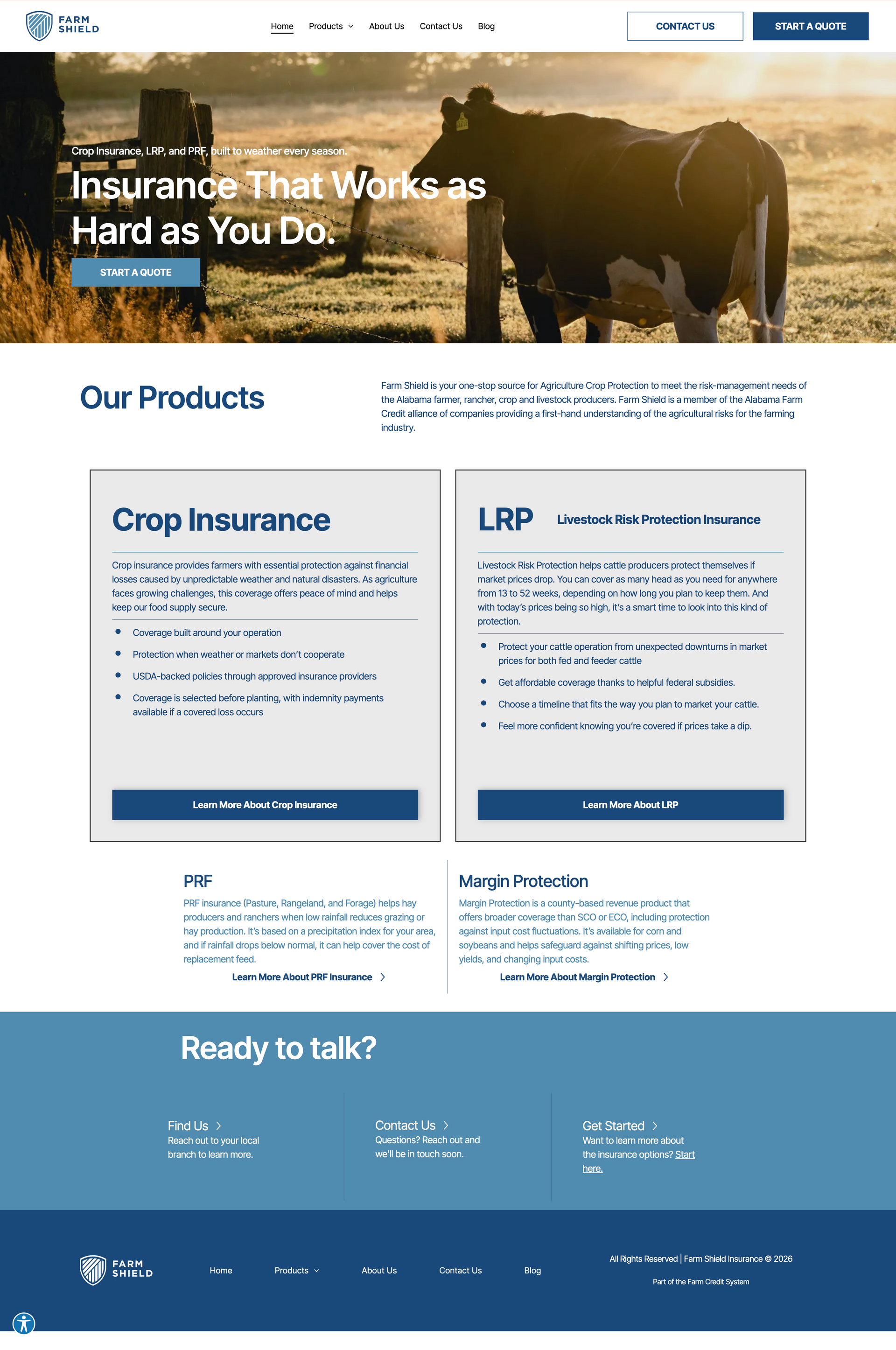 Agriculture insurance website homepage with a farmer and cattle banner and product cards