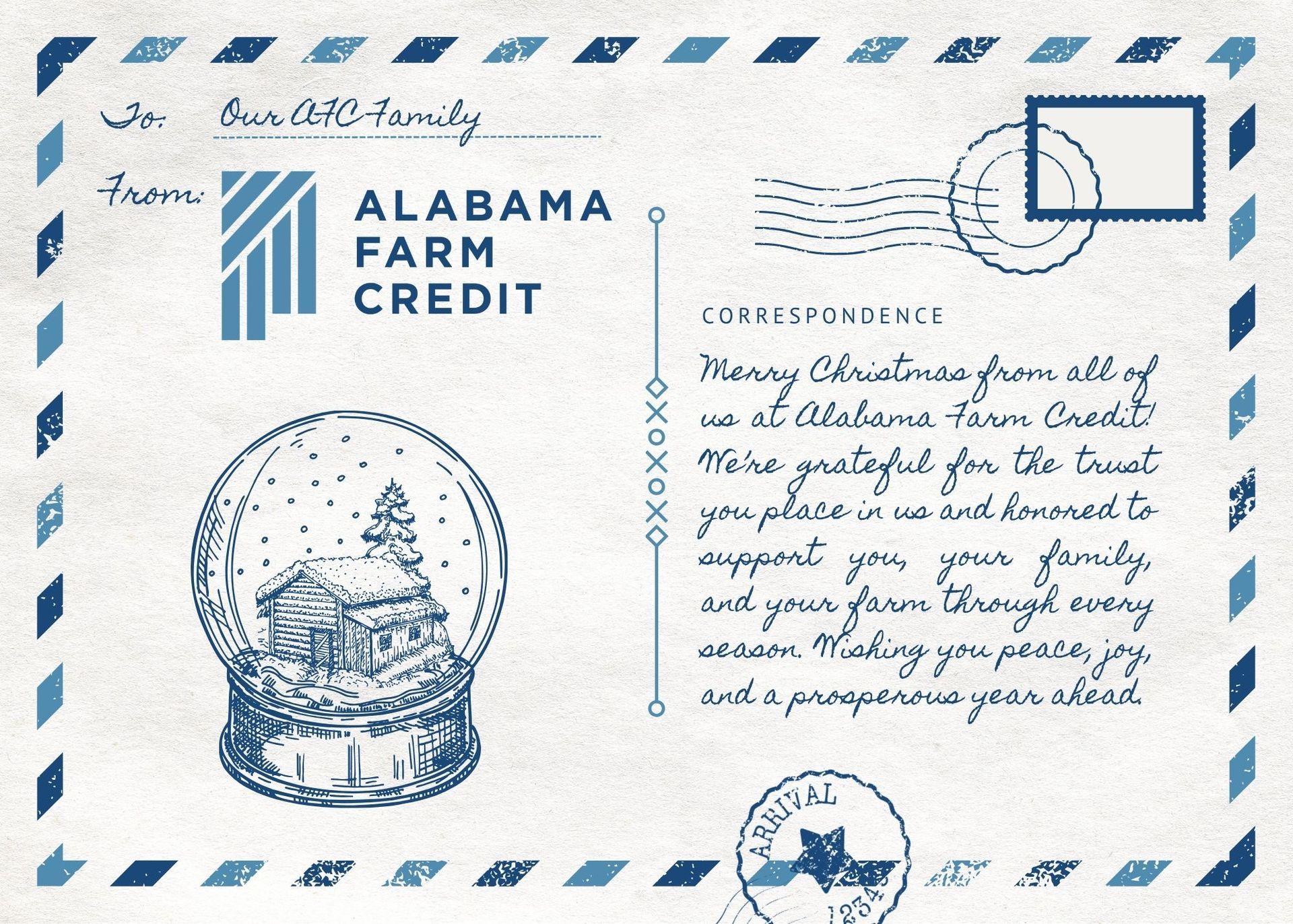 Alabama Farm Credit postcard with winter scene, handwritten note, and postage stamp design