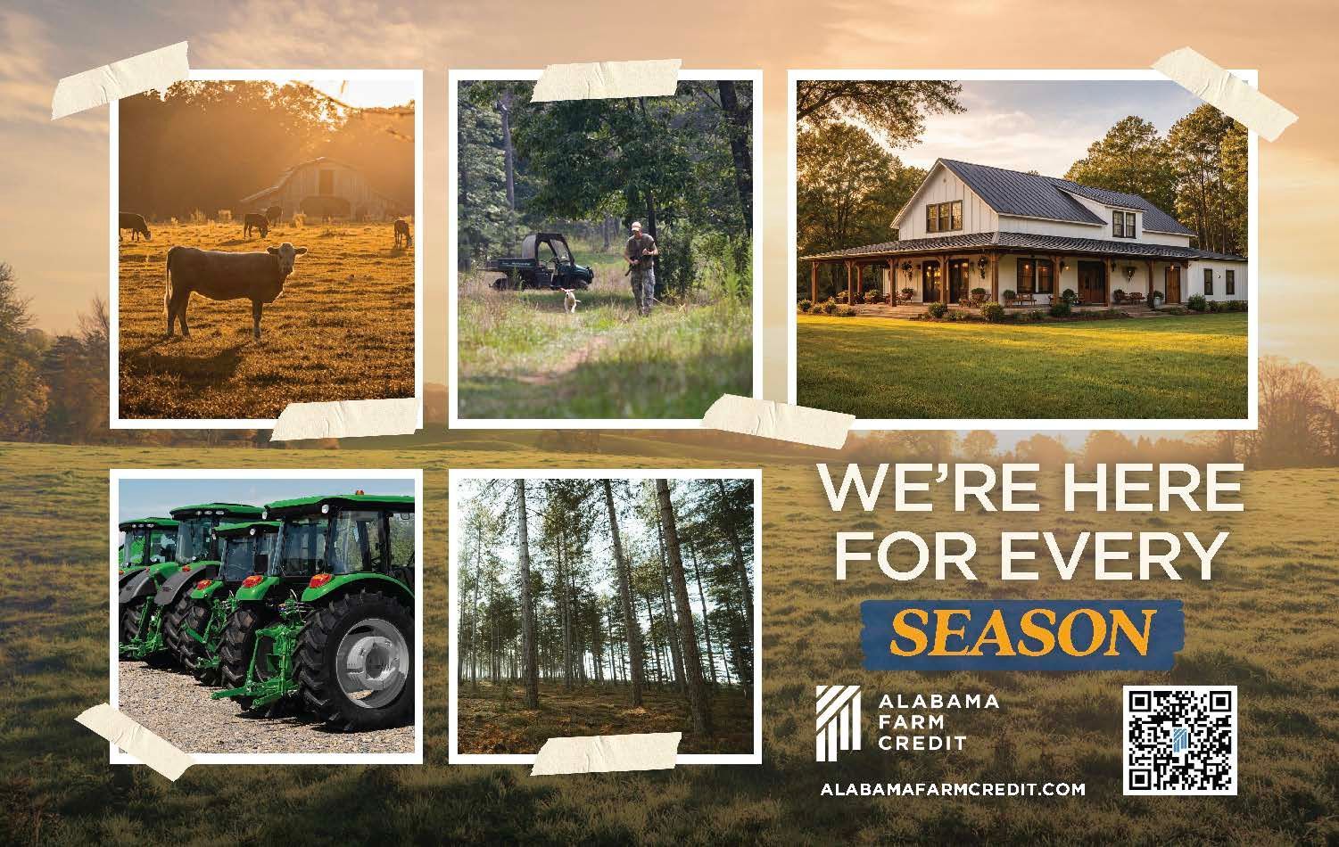 Collage of farm scenes with tractors, fields, a farmhouse, and text reading “We’re here for every season.”