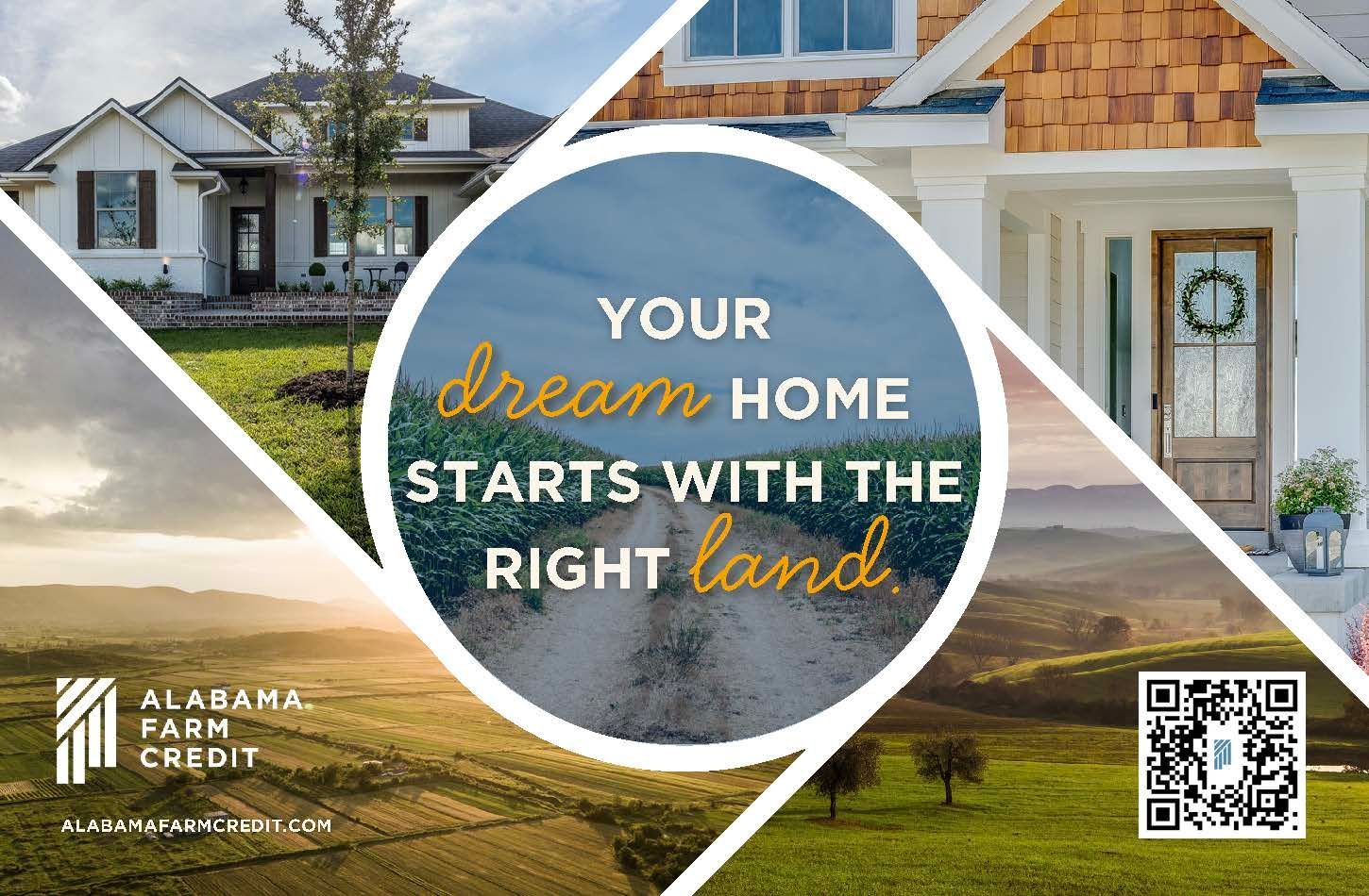 Real estate ad with homes, blue sky, and text: “Your dream home starts with land.”
