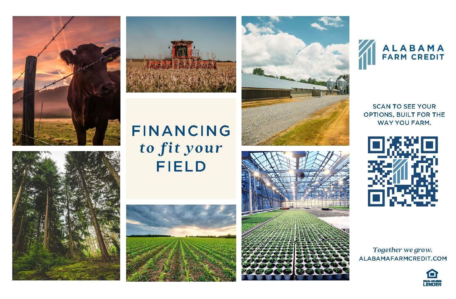 Alabama Farm Credit ad collage of farm scenes with “Financing to fit your field” and a QR code