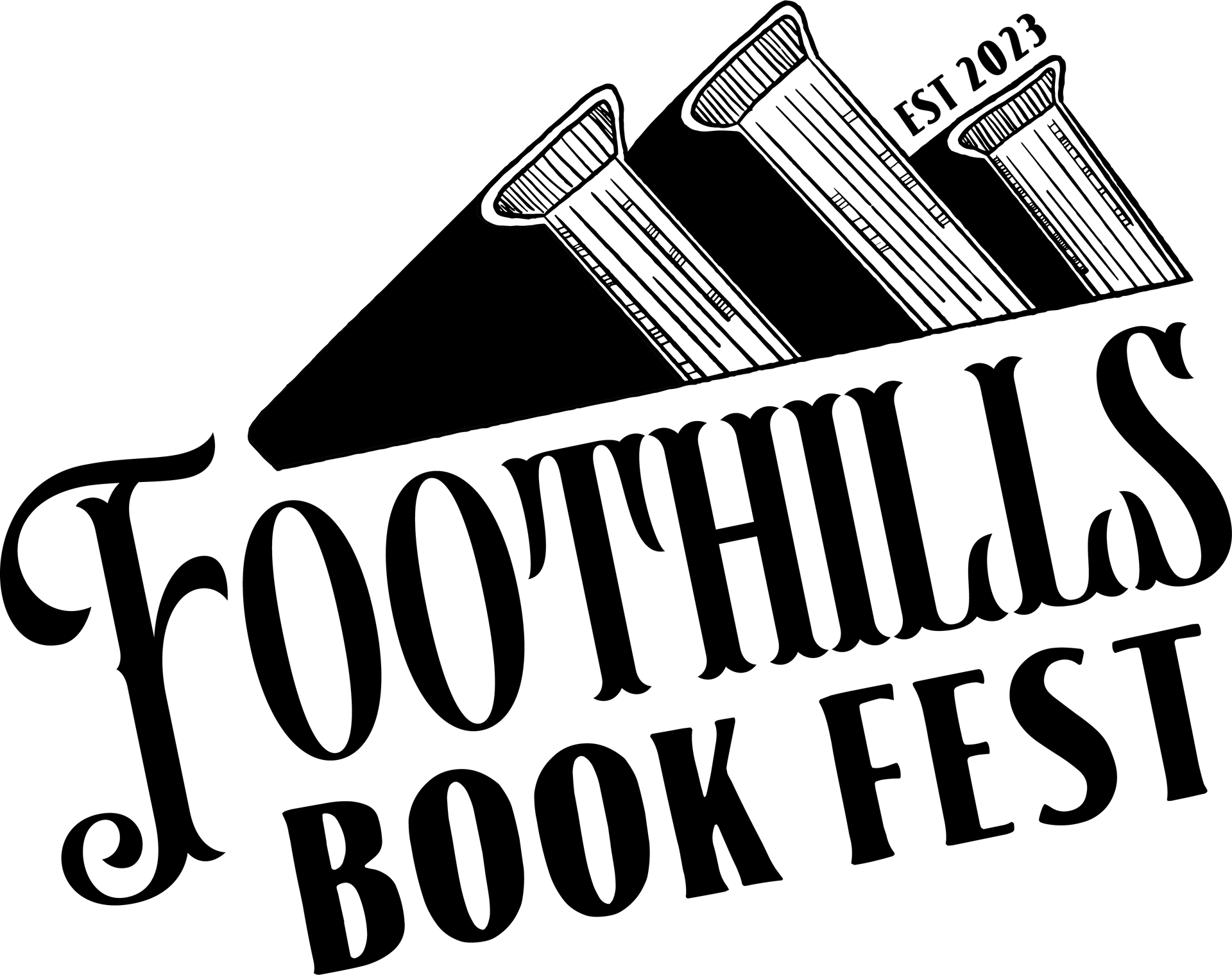 Logo for Foothills Book Fest with stylized black text and three books, “Est. 2023” above