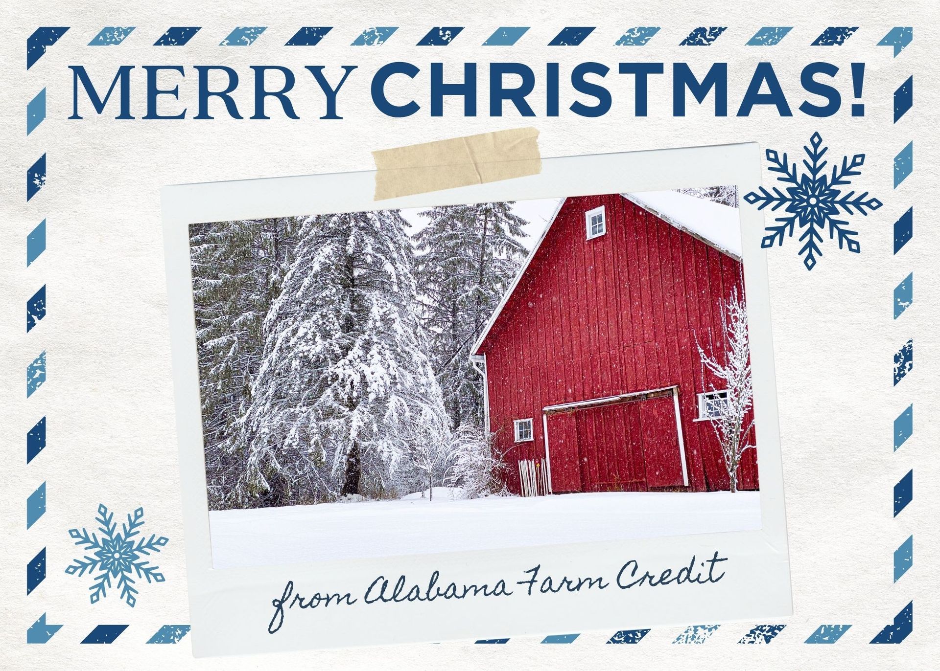Christmas card with red barn in snowy woods and “Merry Christmas!” text, signed from the Alexander family