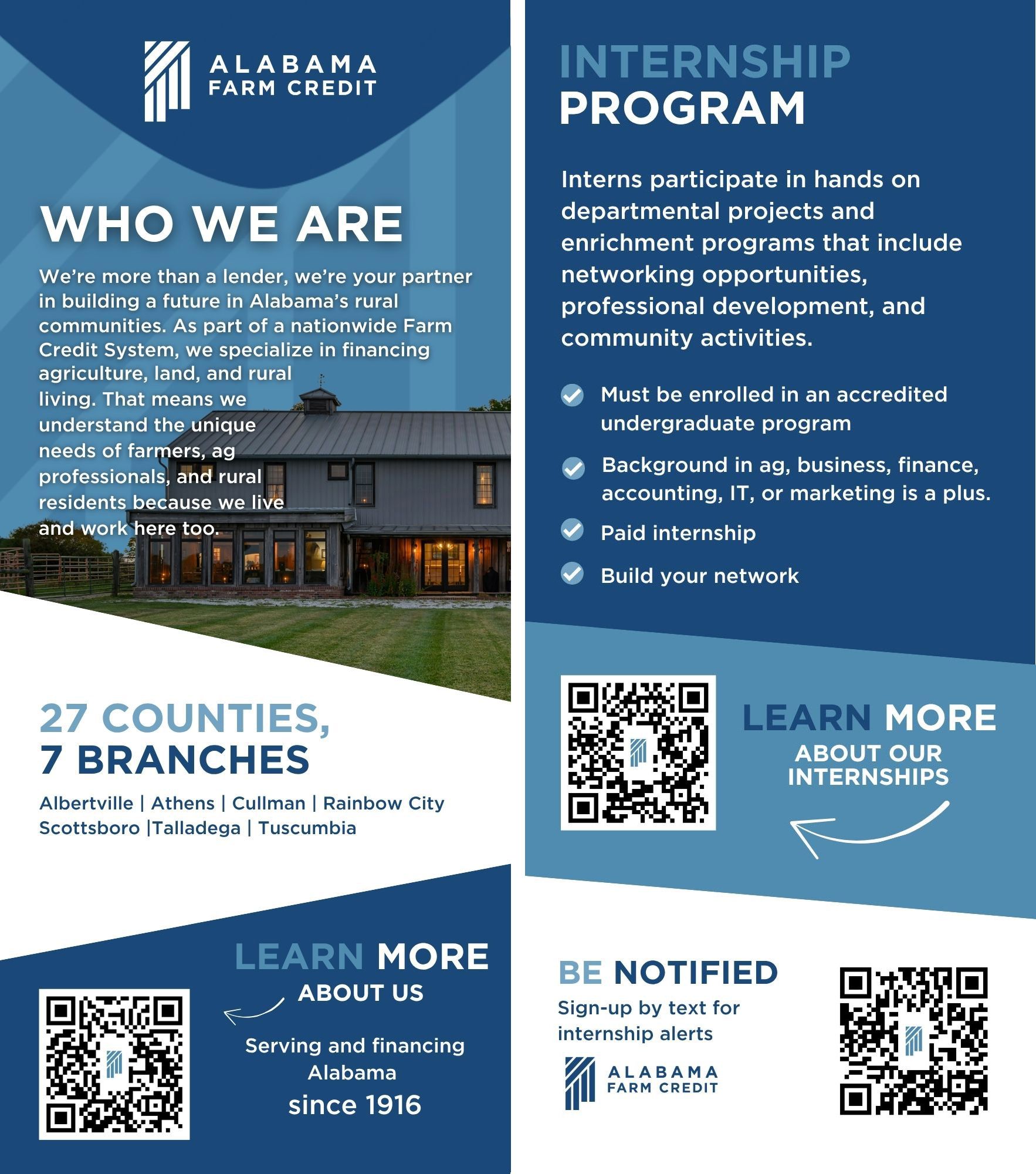 Alabama First Credit Union internship program flyer in blue, with QR codes and “Who We Are” and “Learn More” sections
