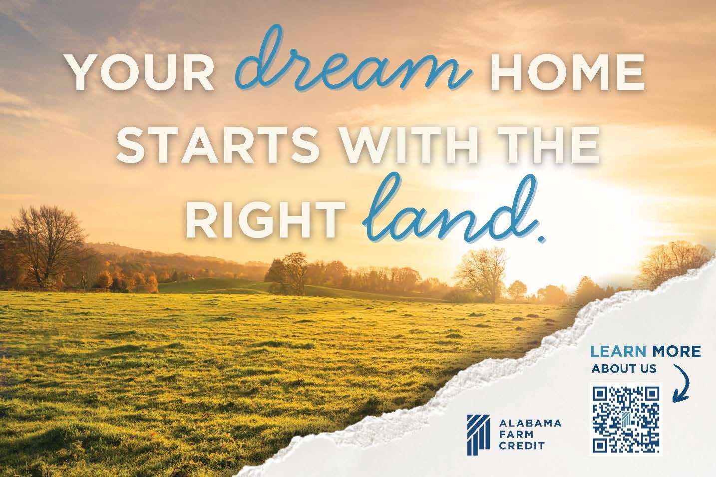 Sunlit field with text, “Your dream home starts with the right land,” and a Learn More QR code.