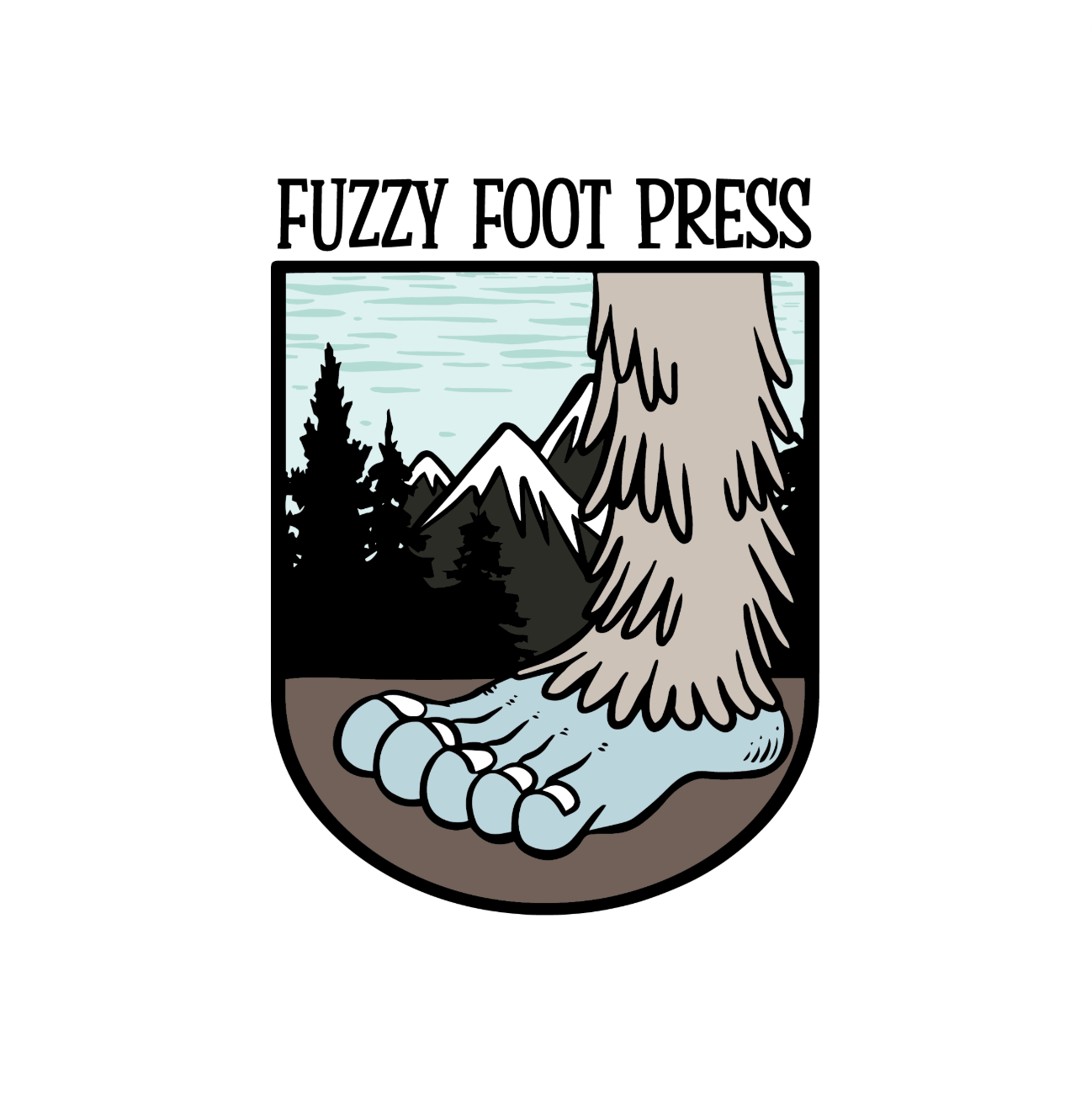 Fuzzy Foot Press logo: Bigfoot foot in front of mountains and trees, light blue foot, gray fur, brown ground.
