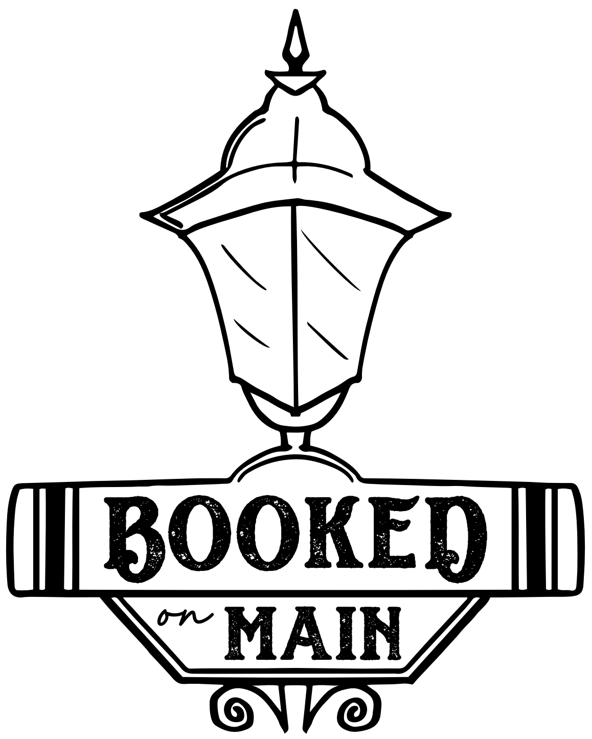 Black-and-white sign reading “BOOKED ON MAIN” with a lantern icon above it
